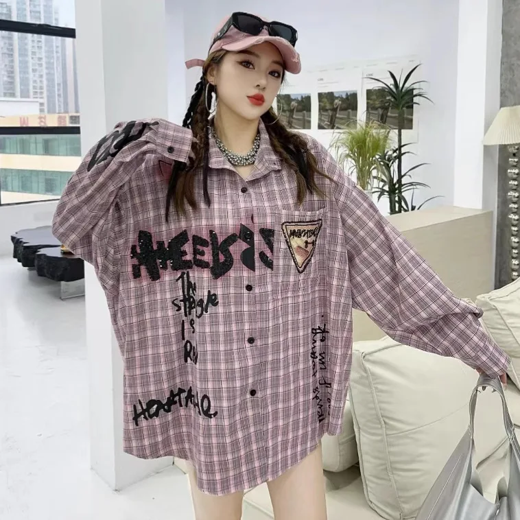 European Station Trendy Women's Clothing 2025 Spring Summer New Vintage Plaid Mid-Length Letter Cartoon Loose Long Sleeve Shirt