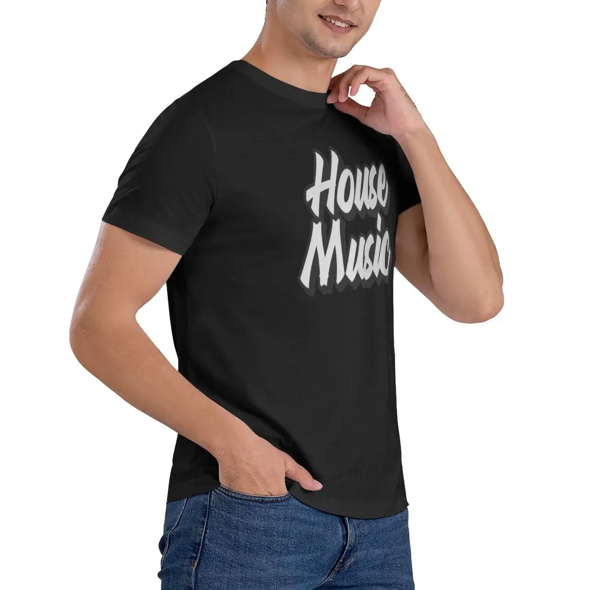 Funny HOUSE MUSIC - تي شيرت رجالي بنمط الخط (أسود) مطبوع، قمصان نسائية فضفاضة ونحيفة