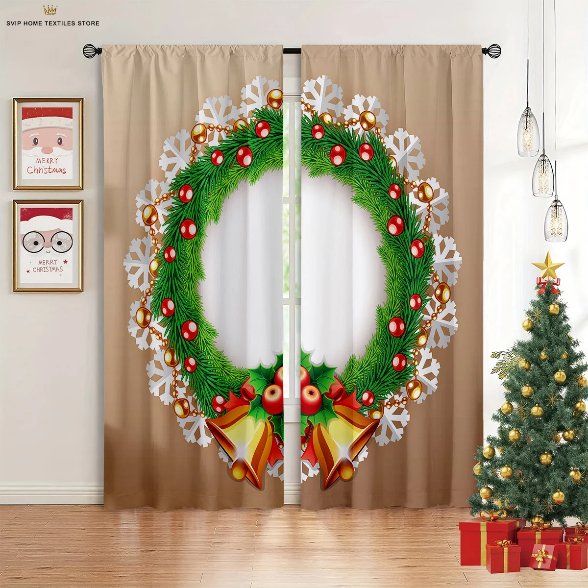 2 Pieces Christmas Decoration Curtains Christmas Tree Fireplace 3D Printing Curtains Suitable for Bedroom Dining Room New Year