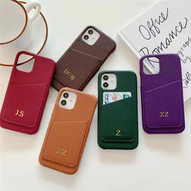 Customized Gold Letters Leather Card Holder Case For iphone 14 13 Pro Max 12 11 Pro Max X XS XR 15 16 Plus SE Luxury Hard Cover