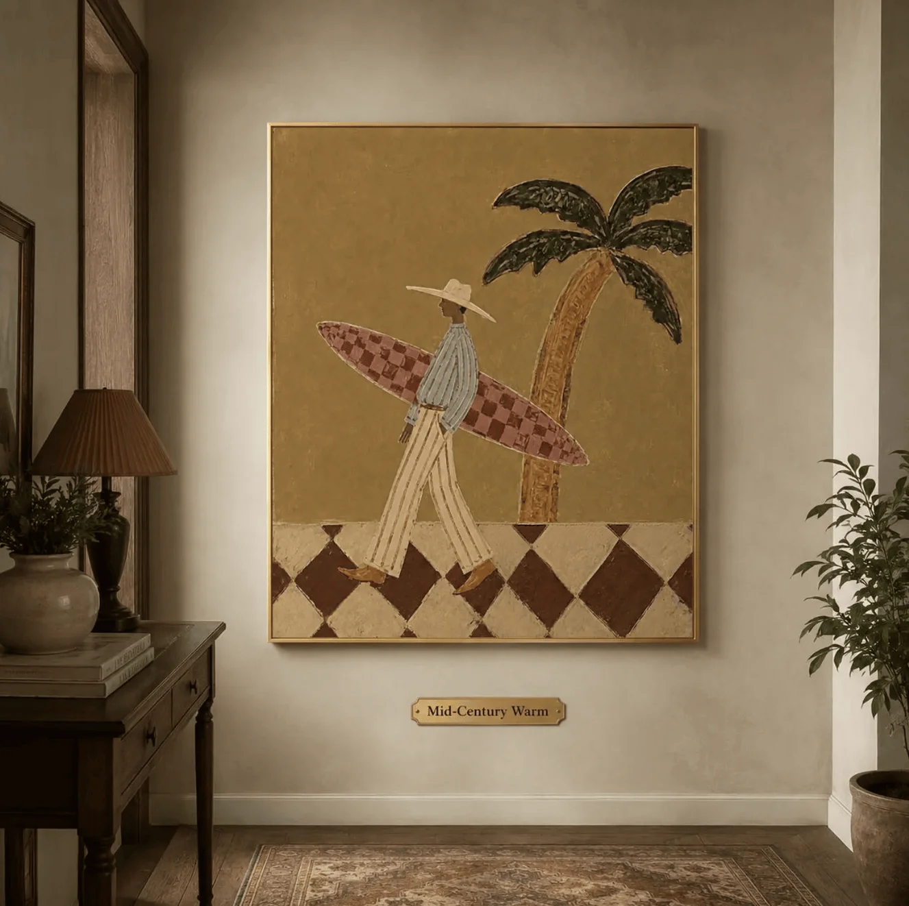 Vintage neutrale Surfer-Palmen-Wandkunst-Leinwanddrucke, Bohemian-Strandposter für Schlafzimmer, Wohnzimmer, Küsteneingangsbereich – Detail 5