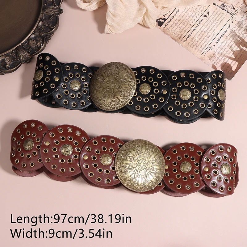 Ladies Western Cowboy Belt PU Leather Ladies Trendy Wide Belt Retro Personalised Round Waistband