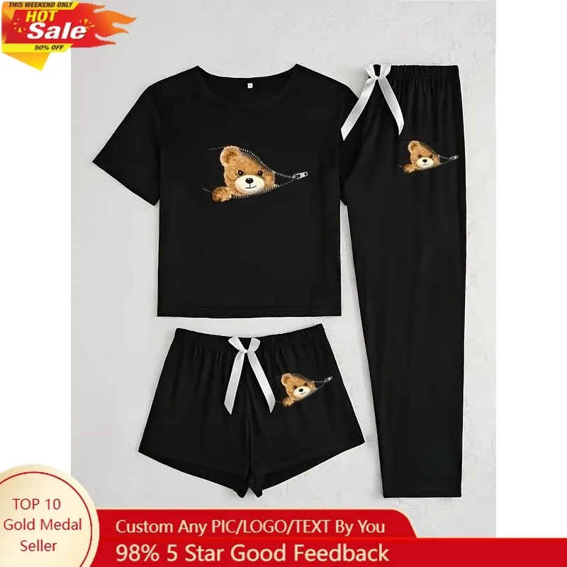 

Women's Cartoon Cat Print Pajama Set, 3 Piece Sleepwear Collection, Casual Fitted Nightwear for All Seasons, Pajamas Lounge Set