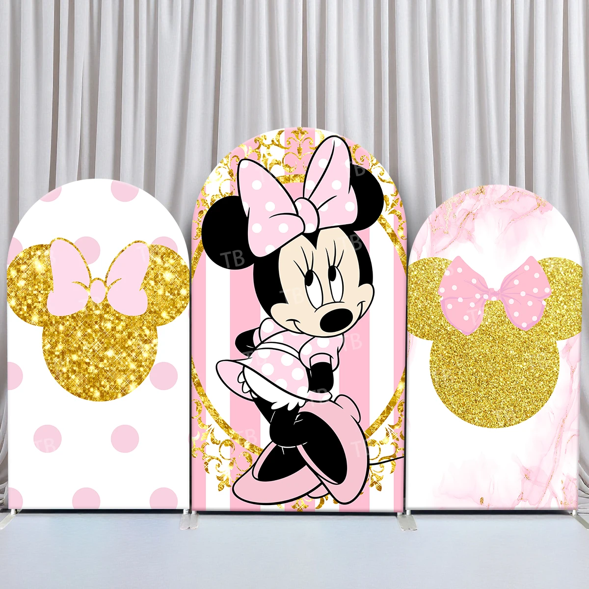 

TB Disney Pink Minnie Mouse Arch Backdrop Cover Gold Glitter for Girl Birthday Party Photography Background Decor Elastic Fabric