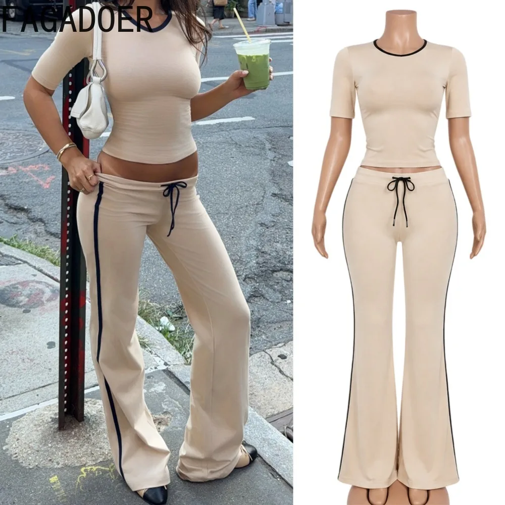 FAGADOER Womens Two Piece Lounge Set Beige Short Sleeve Crop Top Flare Pants Contrast Side Stripe Casual Y2K Matching Outfit New