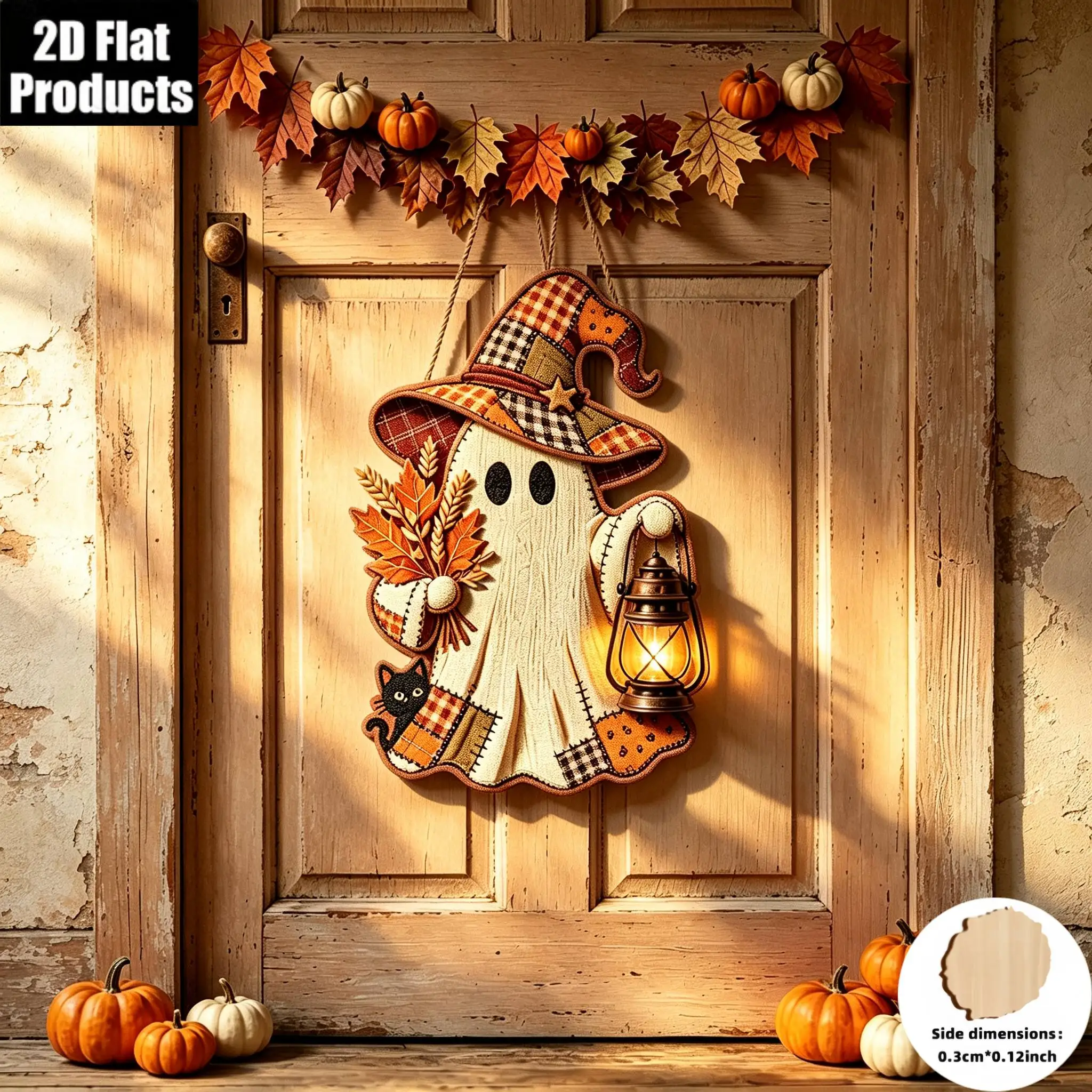 2D Flat,Retro Clothing Patchwork Ghost Wooden Sign Decor, Halloween Door Hanger, with Bow And Pumpkin Bucket, Country  Farmhouse