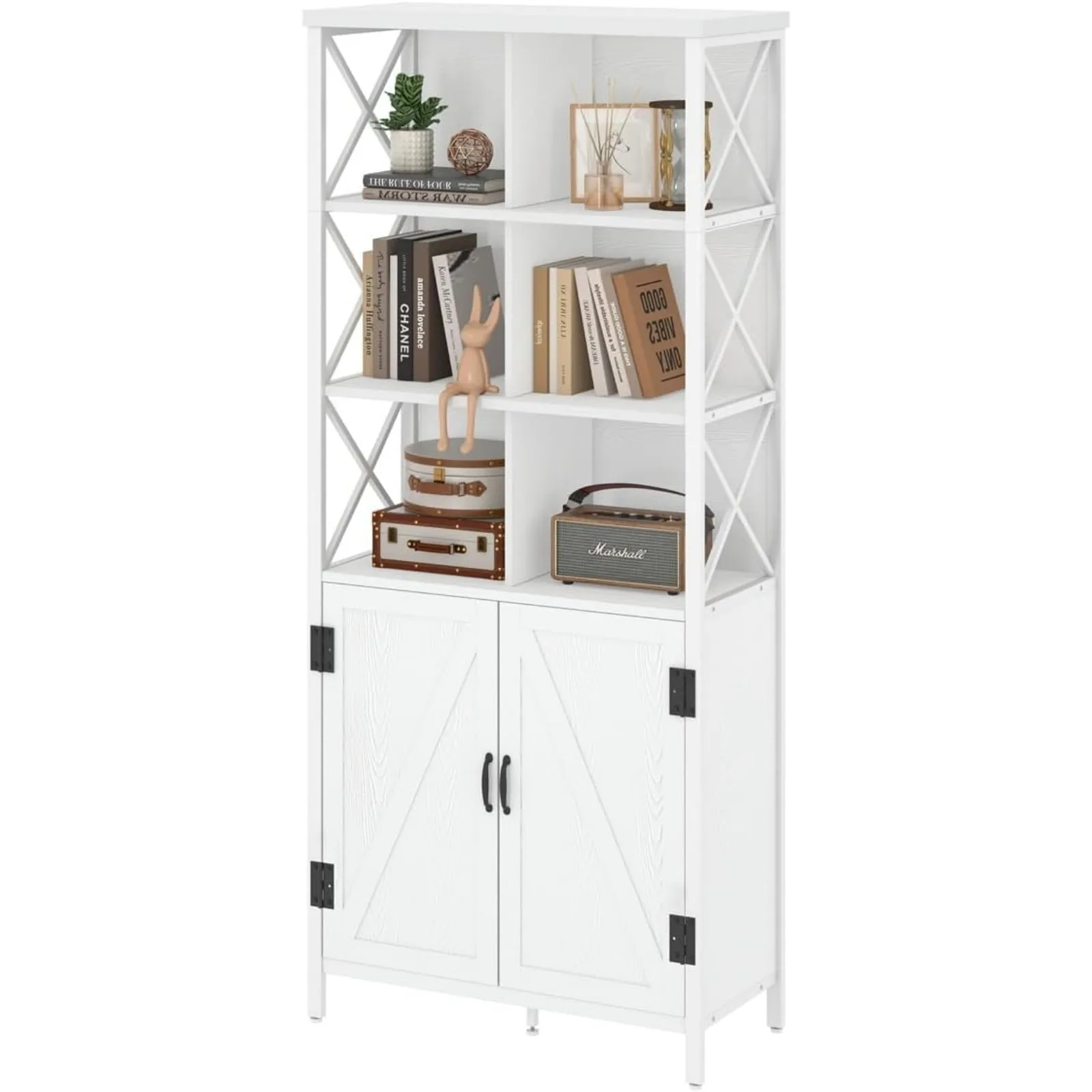 US Bookcase with Doors, Tall Bookshelf with Cabinet, Farmhouse Book Shelf and 6 Cube Storage Organizer Book case