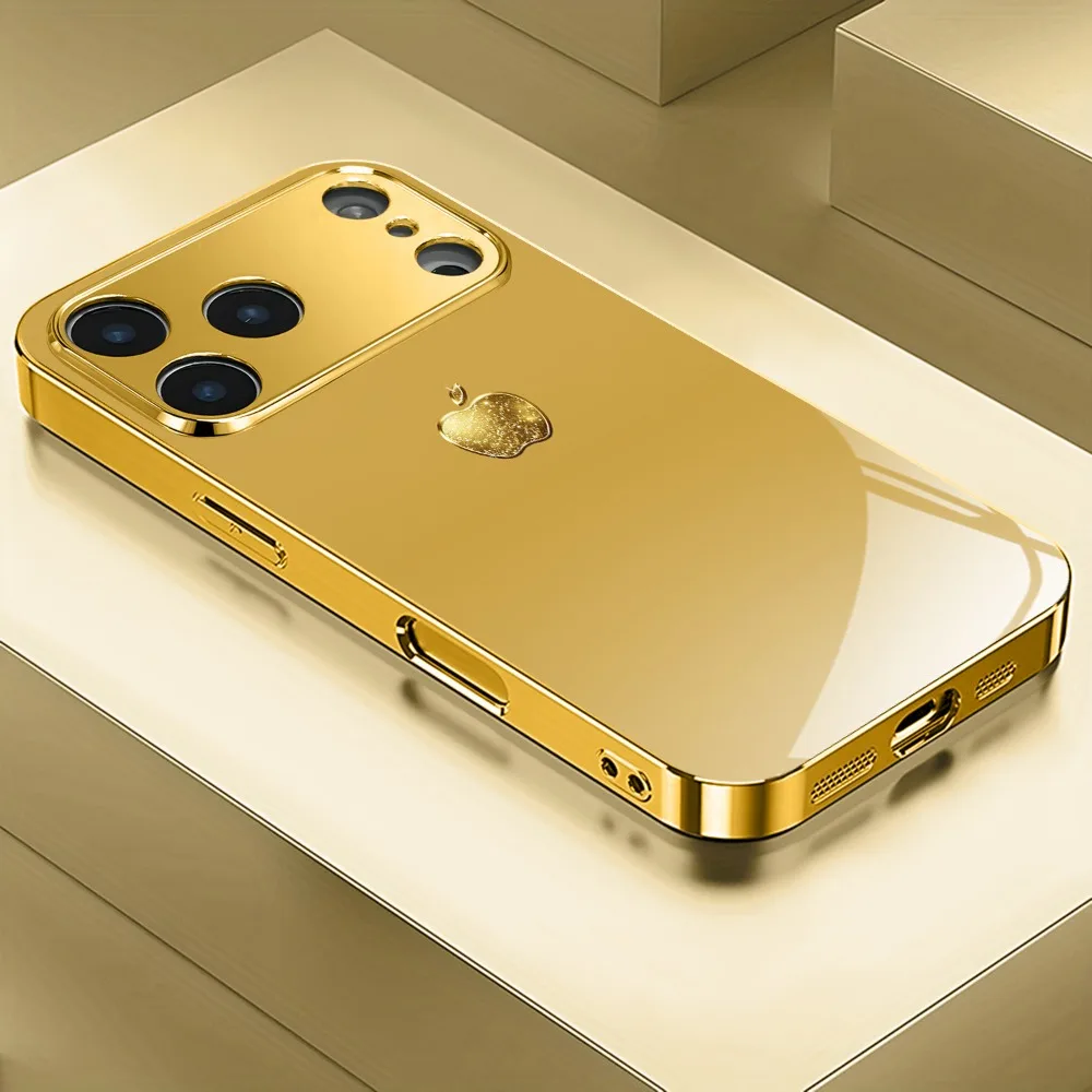 Capa de celular de vidro banhada a ouro avançada, compatível com iPhone 17 16 15 14 13 12 11 Pro/Max/Plus, capa traseira antichoque e à prova de quedas