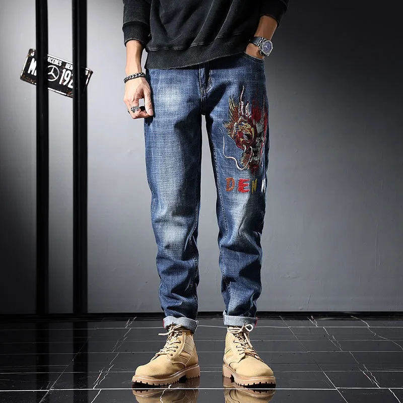 Winter Yellow And Black Men's 3D Text Jeans Men's Marble Decoration Fashionable Straight Tube Gradient Color Pants Slim Fit 024