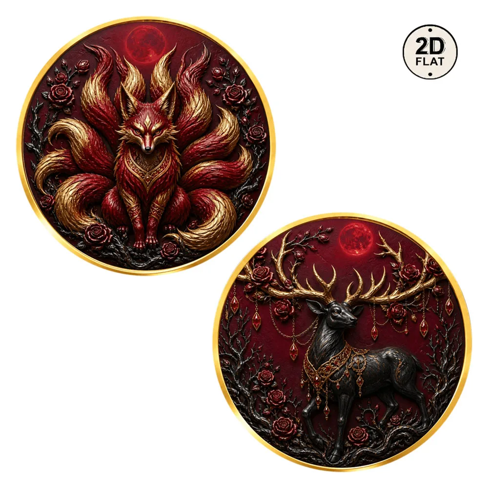 1pc Color Print Nine Tails Fox & Dark Elk Commemorative Coin Red Moon Fantasy Wildlife Challenge Coin Gothic Souvenir Gift