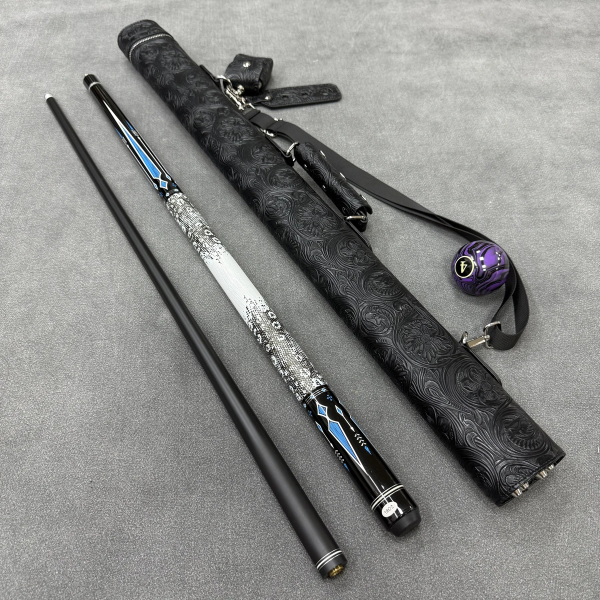 1/2‑Piece High‑Tech Pool Cue, 12.5 mm Tip, Ink Painted Butt, Matte Black Shaft, Black Floral Embossed Cue Case