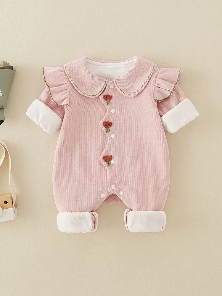 Autumn New Baby Girl Long-sleeved Jumpsuit Princess Style New Born Double Layer Cotton Cute Climbing Clothes Baby Romper