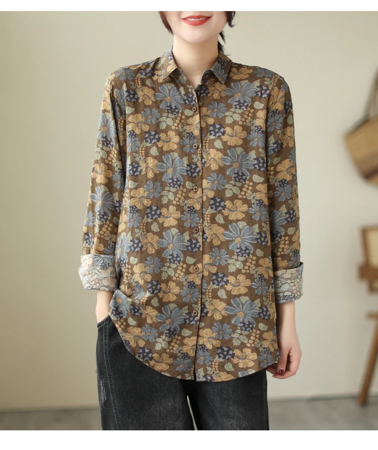 الملابس النسائية قمصان بلوزة بلايز خمر Blusa Mujer الأزهار القطن الكتان طباعة طويلة الأكمام زهرة قمصان المرأة قميص عادية