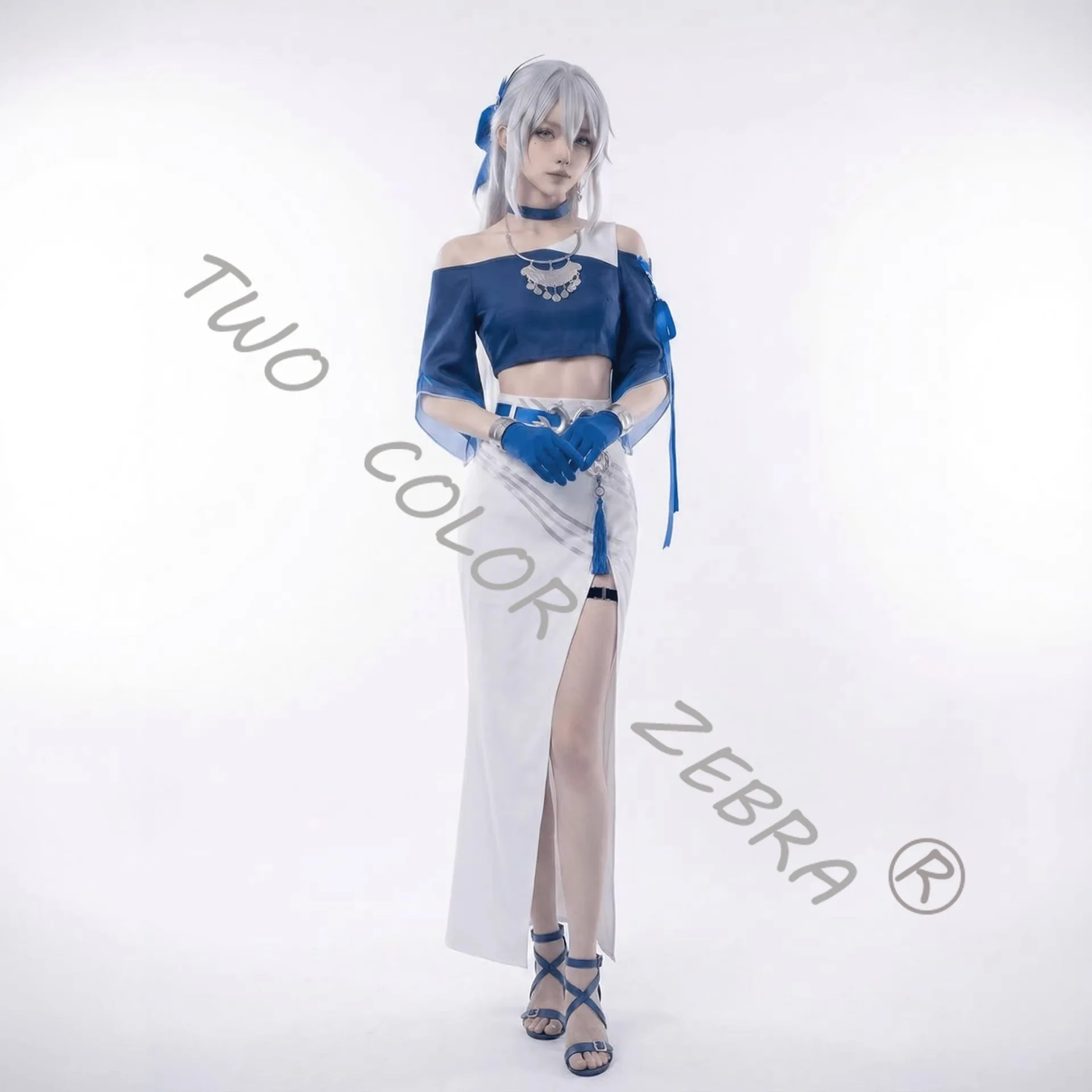 Yao Guang Cosplay Costume Game Honkai：Star Rail Blue and White Cos Set with Crop Top Maxi Skirt and Accessories Roleplay Suit