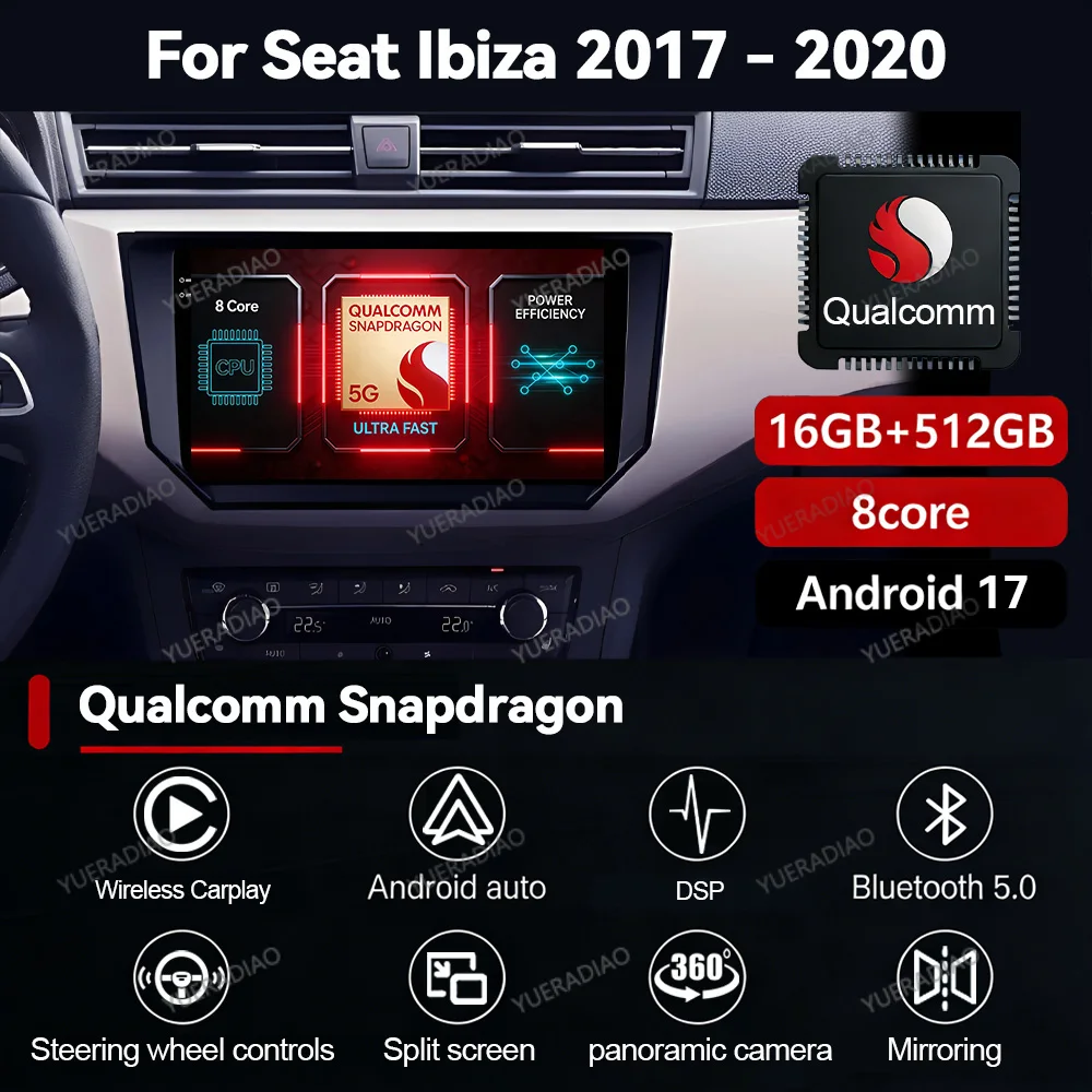 Autoradio Android 17 pour Seat Ibiza Arona 2017 2018 2019 2020 GPS NAVI QLED BT 2DIN Lecteur multimédia Qualcomm