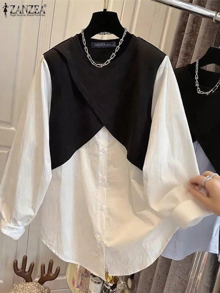 

ZANZEA 2025 Autumn Patchwork Blusas Fashion Women Long Sleeve Tunic Casual Loose Blouses Irregular Hem O-Neck Buttons Tops
