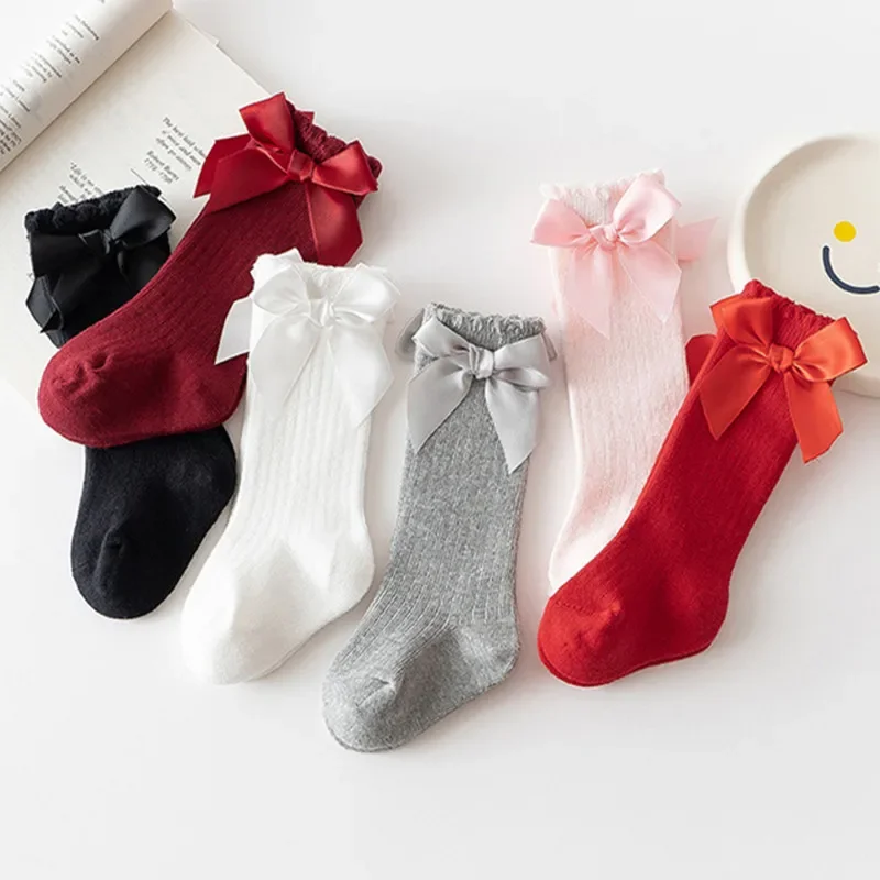 Red Bow Tie Knee High Tube Socks Girls\' Christmas Stockings Infants Toddlers Soft Cotton Children Non Slip Floor Socks Baby Gift