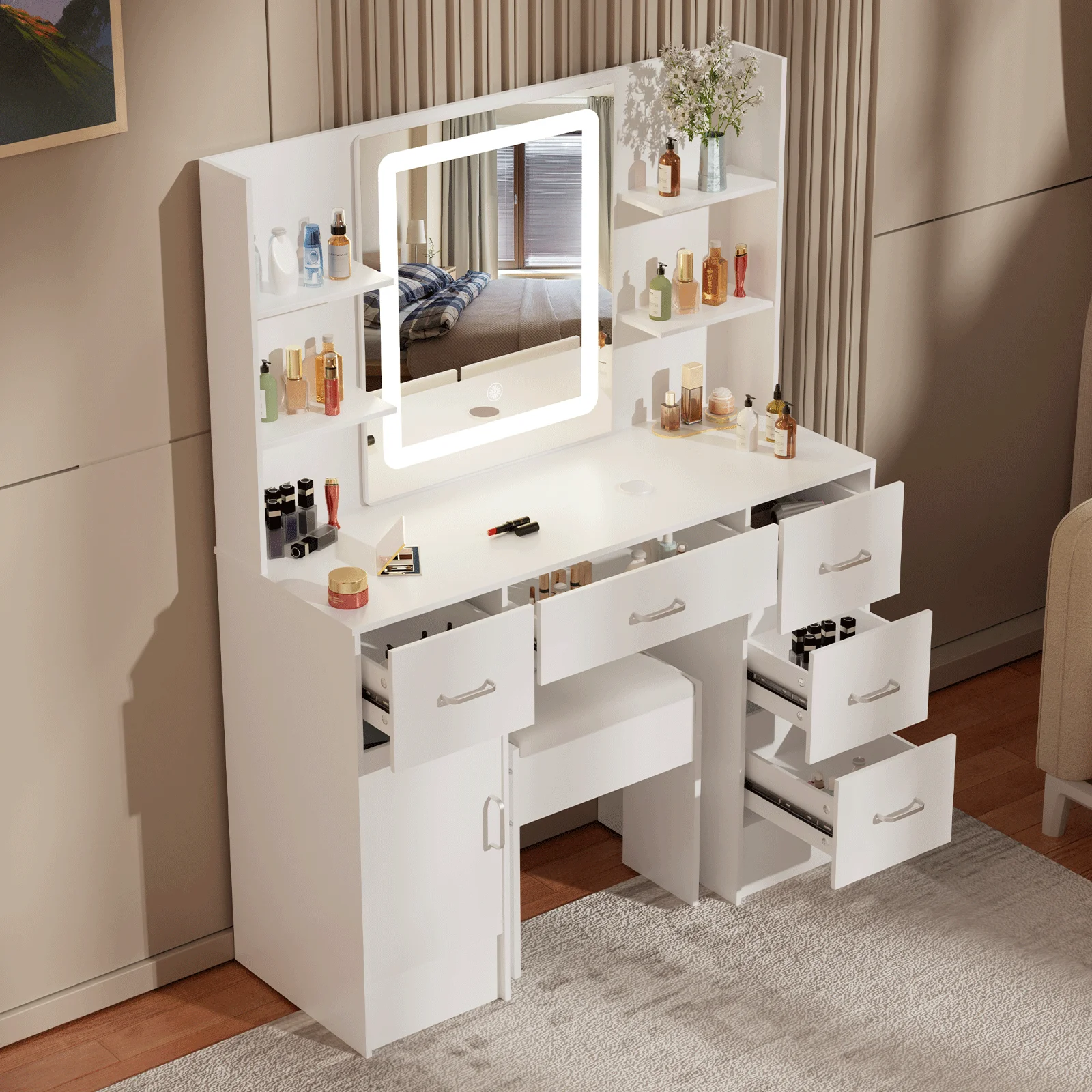 Yamissi Dressing Table Stool Set LED Dimmer Mirror Makeup Vanity Desk White NEW Bedroom Furniture Vanity Table with Drawers