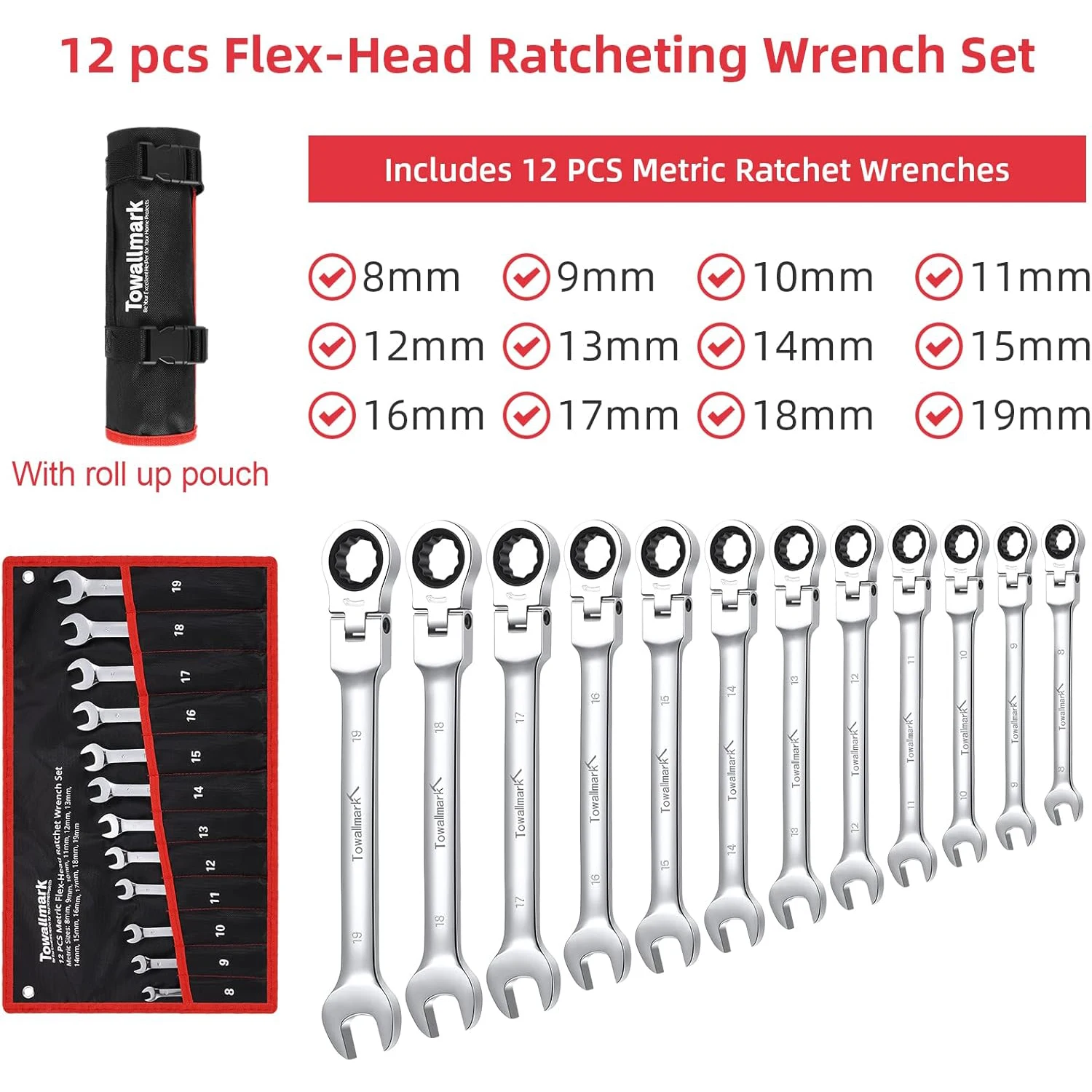 12-Piece Flex-Head Wrench Set, Ratcheting Combination Set, Metric 8-19mm, 72-Teeth,Cr-V Steel Ratchet Wrenches Set with Bag