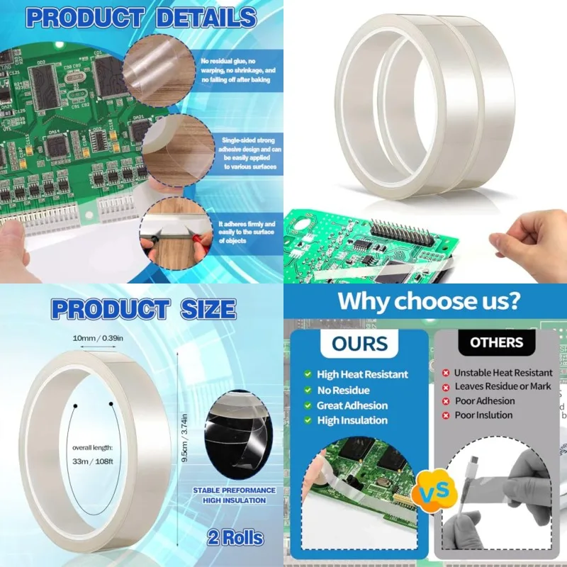 High Temperature Resistant Tape 2 Rolls  Clear PET Adhesive Tape No Residue Strong Bond for PCB