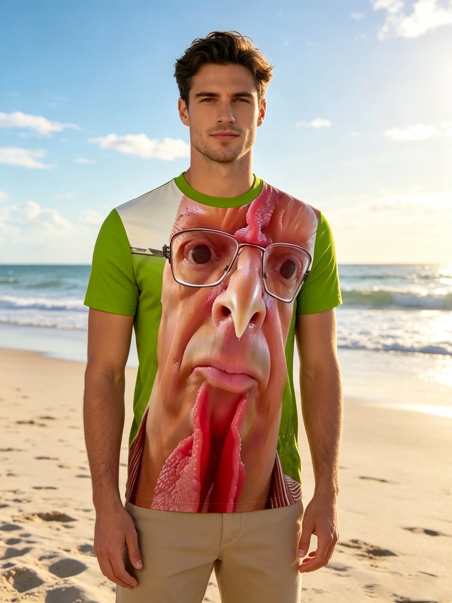 Men'S Street Style Chicken Face Print Short Sleeve Round Neck T-Shirt, Fabric, Comfortable for Casual Wear