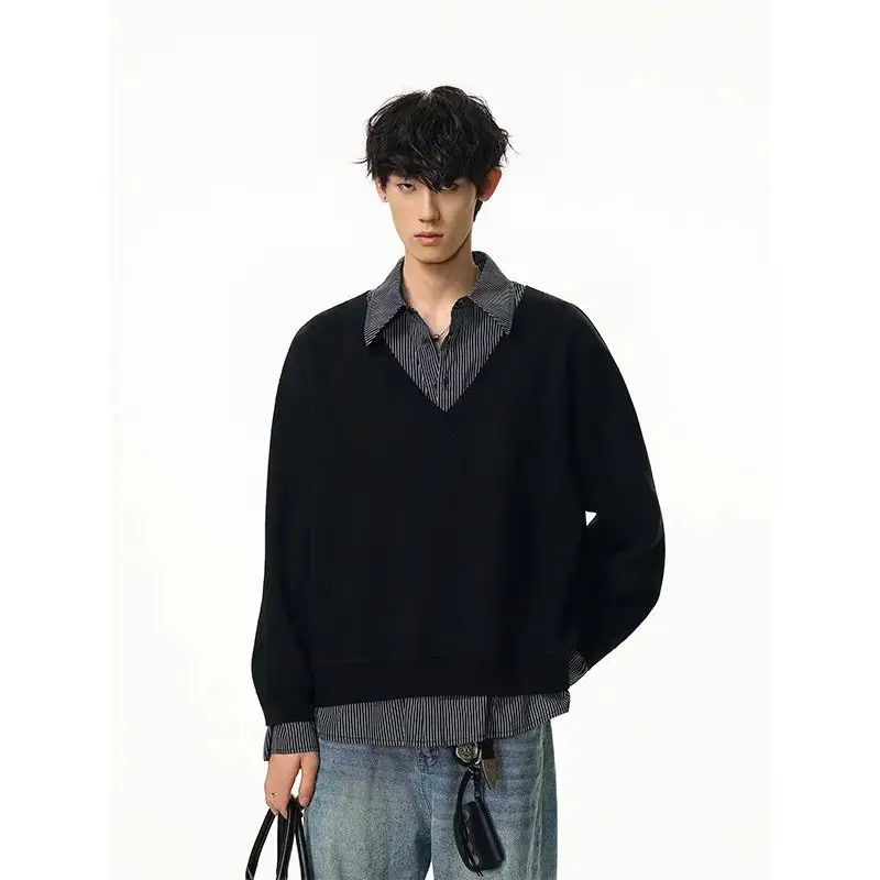 

Мужской модный свитшот в американском стиле High Street с воротником-поло, многослойный, свободного кроя, с коротким рукавом и круглым вырезом