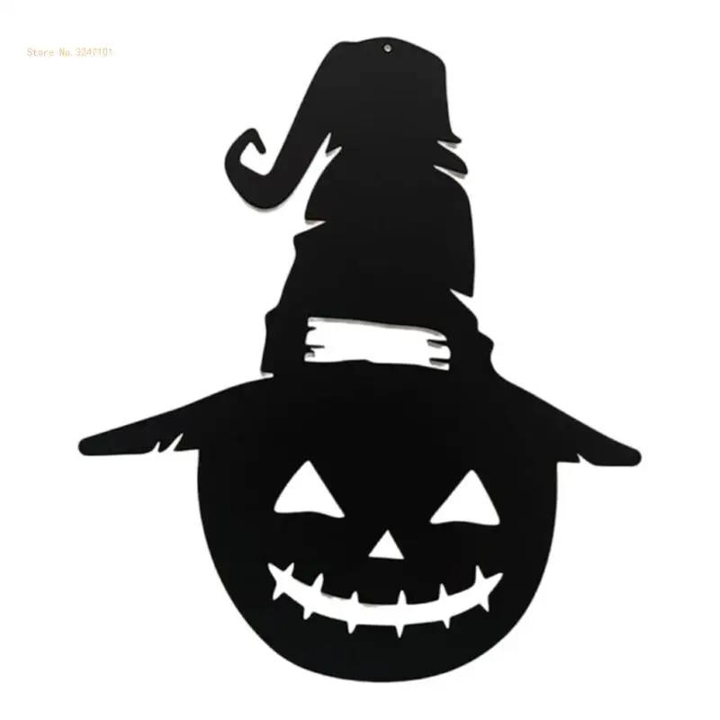 Festival Metal Pumpkin with Witch Hat Wall Art Sculpture Hanging Sign for Home and Party Halloween Decoration Ornament Dropship