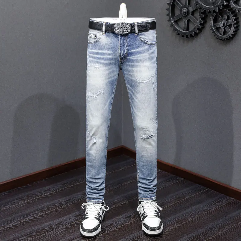Streetwear Fashion Men Jeans High Quality Retro Light Blue Stretch Slim Fit Ripped Jeans Men Vintage Designer Brand Denim Pants