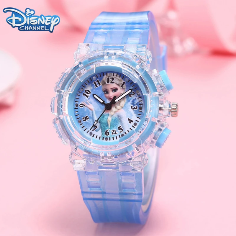 Disney Frozen Luminous Watch Cartoon Figure Toys Princess Elsa Anna Children\'s LED Watch Student Silicone Lights Watch Girl Gift