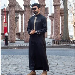 Novo muçulmano masculino robe abaya étnico vento manga bordado festival conjunto casual masculino abaya (S-2XL) médio oriente árabe roupas