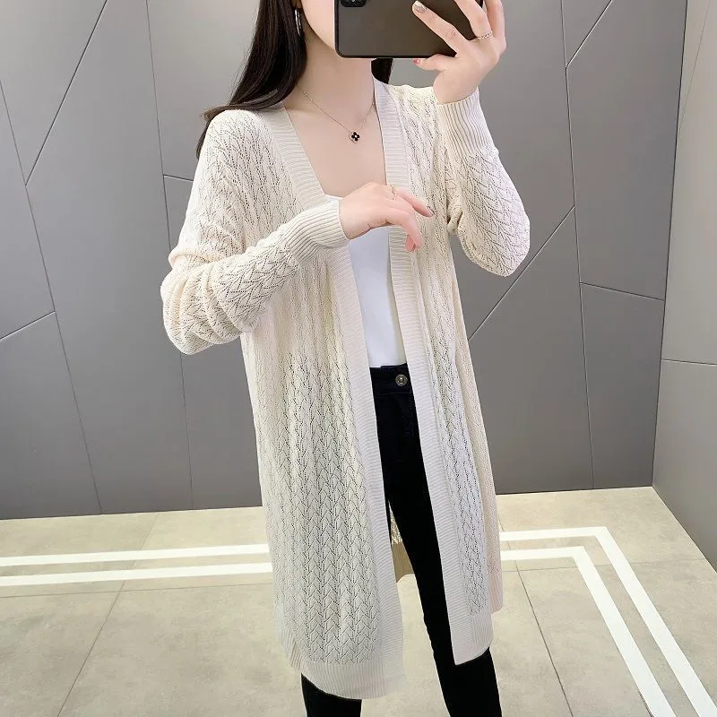 

Summer New Knitted Cardigan Sweater Women Mid-Length Thin Sun-Protective Clothes Loose Korean Hollowed-Out Shawls Knitwear W1049