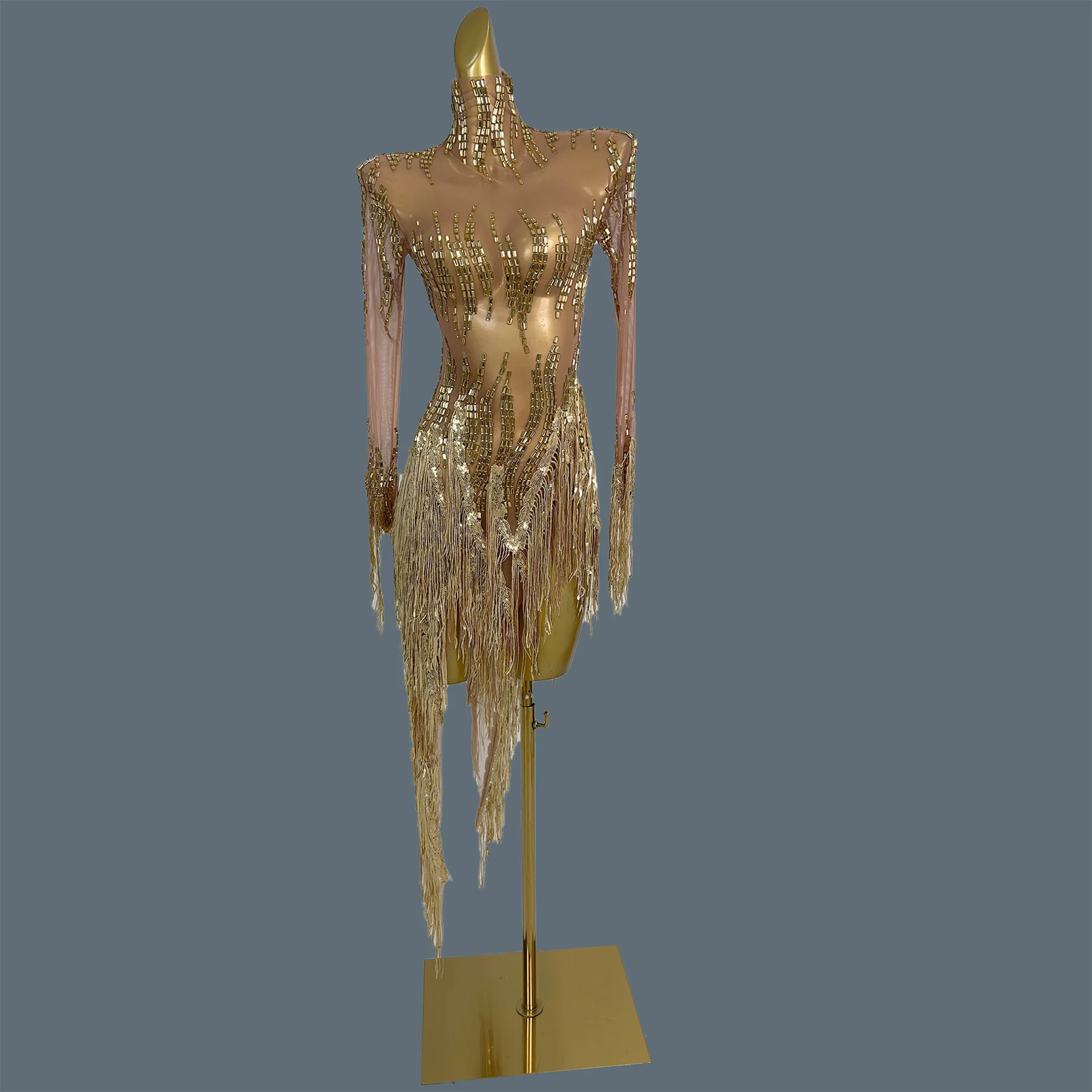 عرض مسرحي للحفلات سباركلي حجر الراين الذهبي انظر من خلال شبكة فستان قصير المرأة اللاتينية فستان رقص حفلة الترتر شرابة الزي ريكي