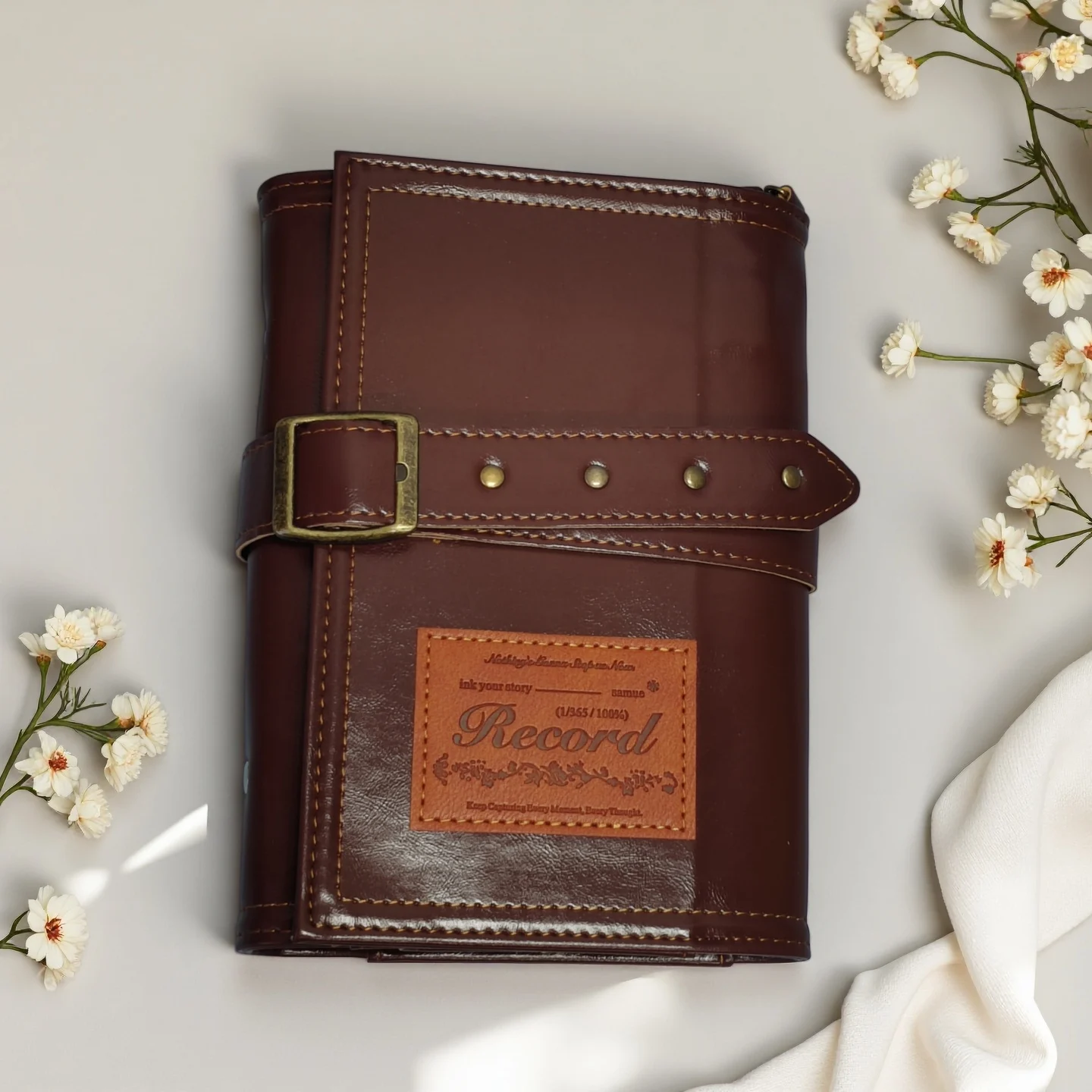 A6 three-fold leather loose-leaf notebook retro belt bundled portable binder notepad simple solid color