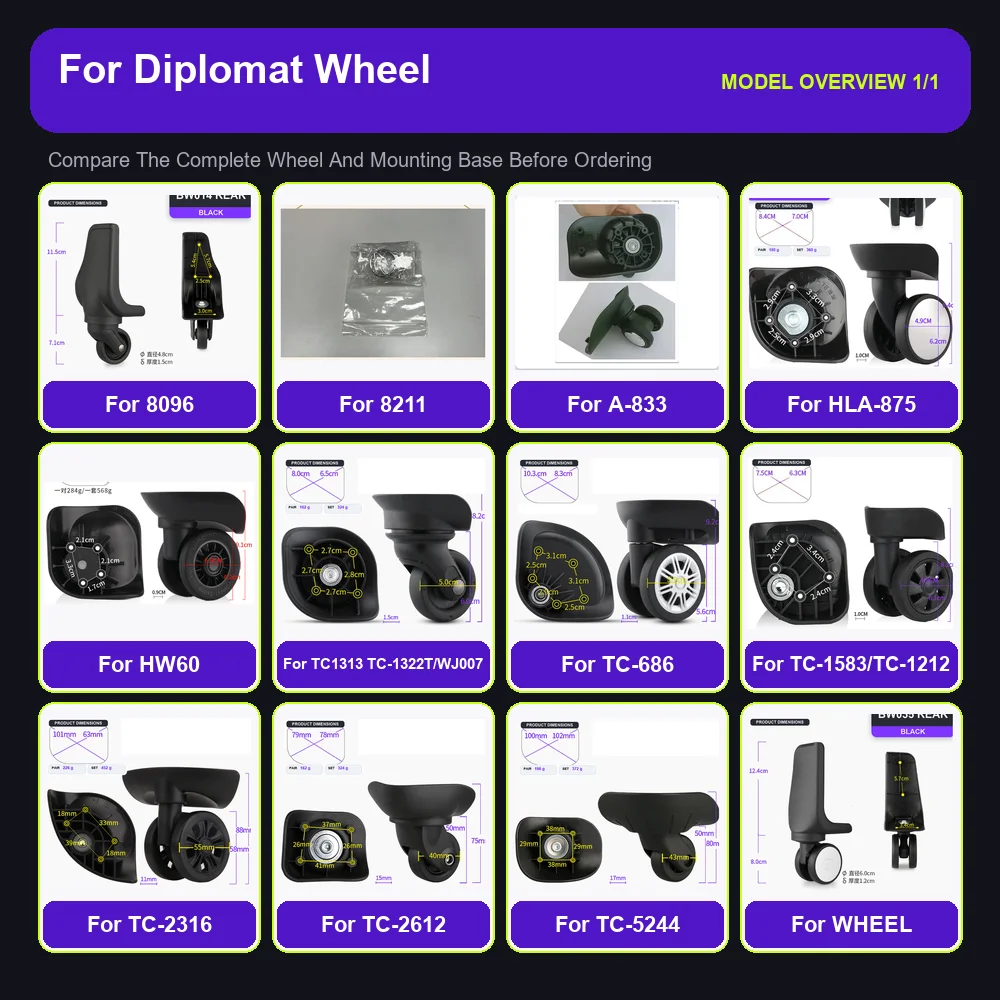 Heavy Duty Luggage Replacement Wheels For Diplomat 8096 8211 HW60 Silent Spinner Caster Repair Parts Travel Suitcase Accessories