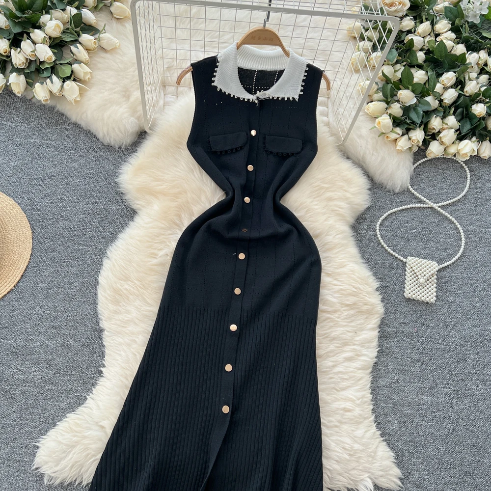 Chic Knit Elegant Sleeveless Turn-down Collar Patchwork Single Breasted Dresses Vintage Korean Evening Women Autumn Clothing