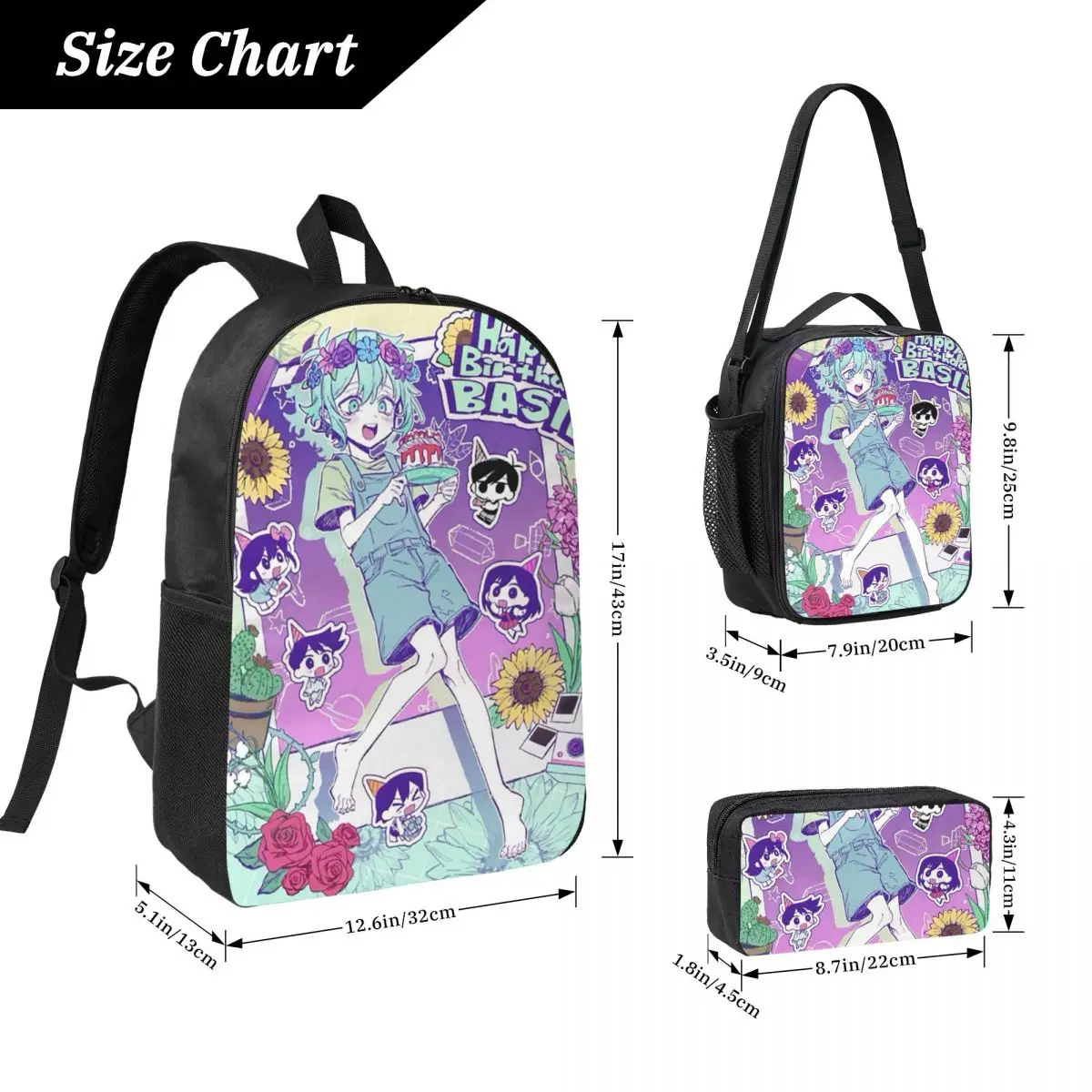 Omori Basil กระเป๋าเป้สะพายหลังนักเรียนชายหญิง BookBag กระเป๋าโรงเรียนกระเป๋าคอมพิวเตอร์ไหล่กระเป๋า 3 PS ถุงอาหารกลางวันฉนวนดินสอกรณี