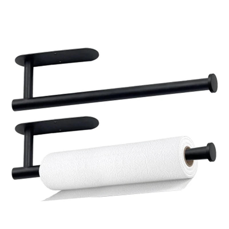 2 Pack Versatile Paper Towel Holder, Stainless Steel Black Wall Mount Or Self-Adhesive Easy Install