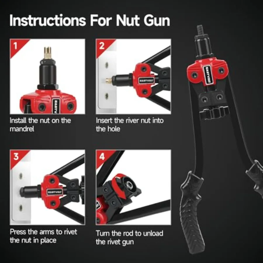 3 in 1 핸드 리벳 건 툴 키트, 자동차 및 금속 제작용 14인치 리벳너트 툴 포함, 6개의 미터법 맨드렐 M3 M4 M5 포함