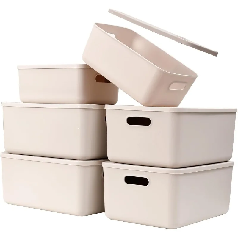 Plastic Storage Baskets With Lid Organizing Container Lidded Knit Storage Organizer Bins for Shelves Drawers Desktop Closet