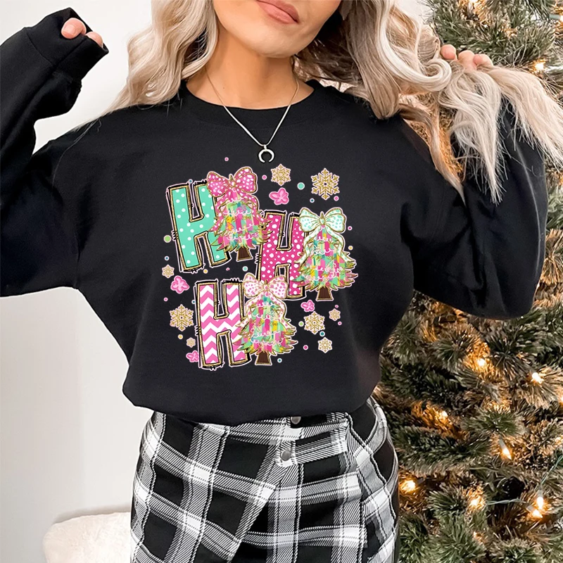 Ho Ho Ho Sweatshirt Women Merry Christmas Tree Bow Print Cartoon Cute Sweatshirts Women Funny Cute Gifts for Christmas Sweater