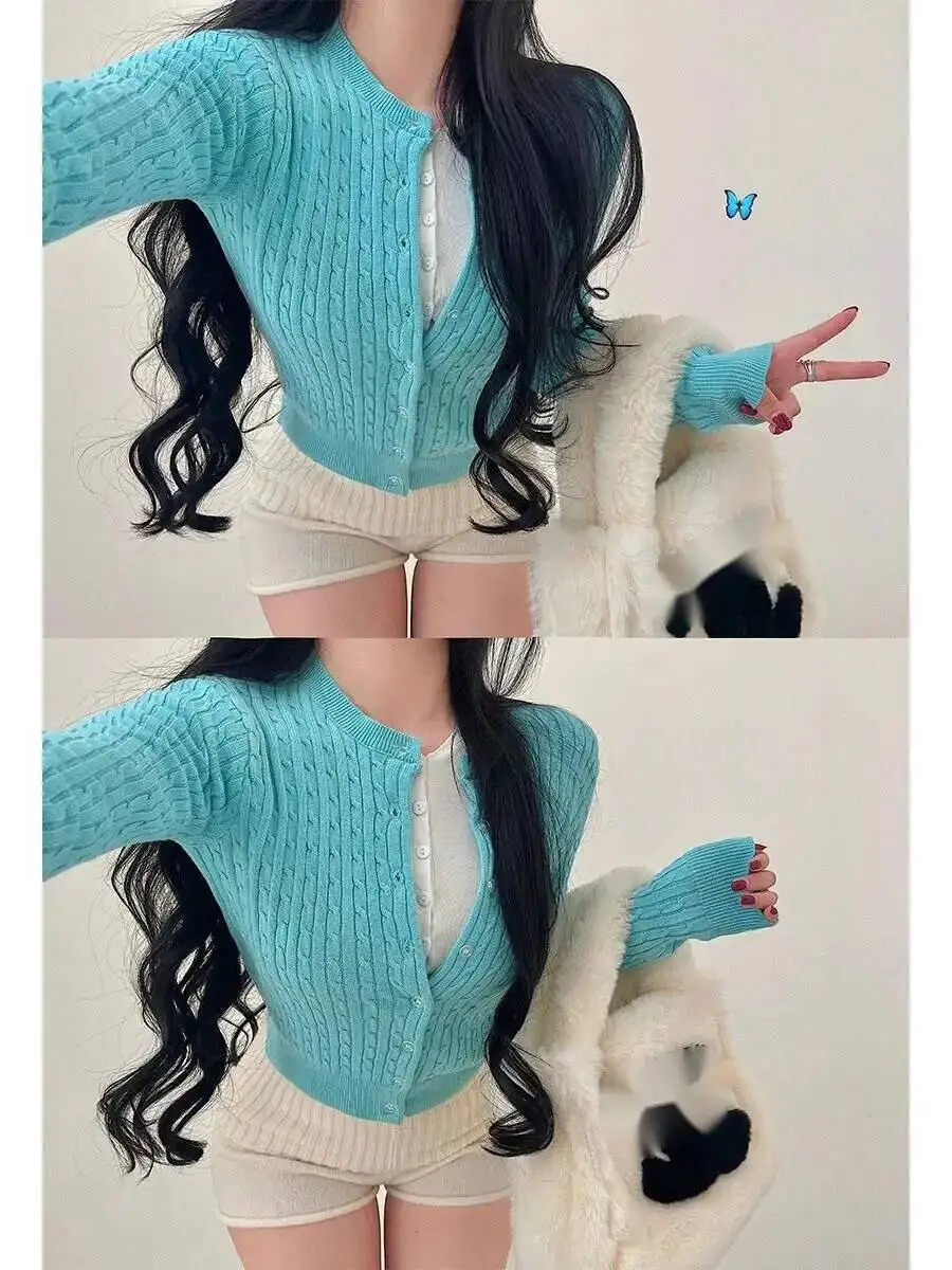 ラウンドネックシングルスリムドウツイストニットセーターカーディガン女性ファッション甘い女性トップス 2025 新しい春韓国 PAF0