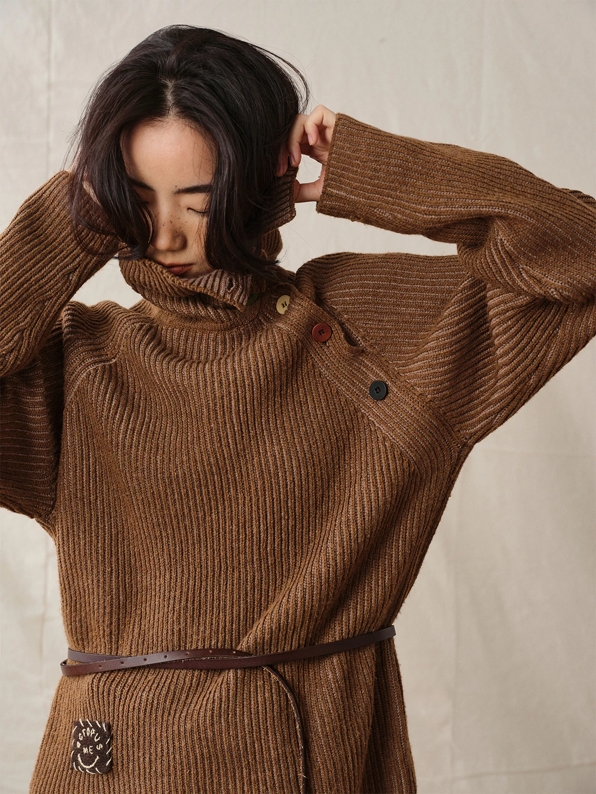 

Octopusme Street Sle Loose Knitted Sweater High Collar Button Front Autumn Winter Vintage Wool Blend Long Sve Top