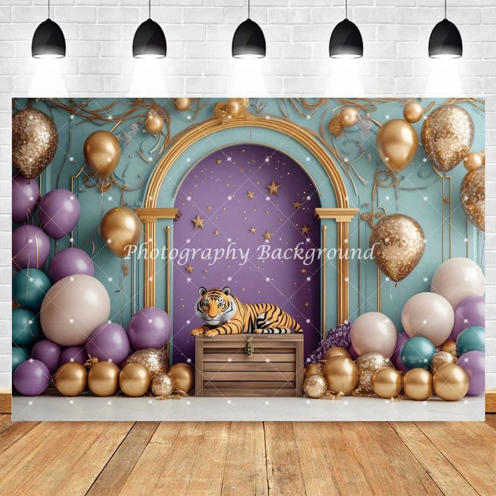 Luxury Palace Royal Purple Balloon Backdrop for Baby Birthday Party Decor Tiger Theme Photo Photographic Background Studio Props