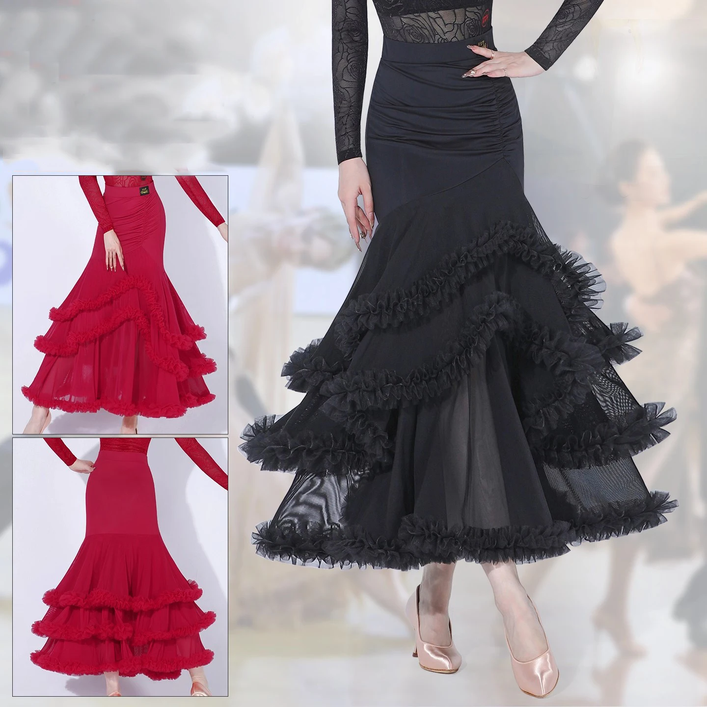 تنورة رقص حديثة للنساء الكبار الوطنية القياسية الرقص الدانتيل كبير سوينغ تنورة تشاتشا قاعة الرقص أداء ارتداء DN22027 #1