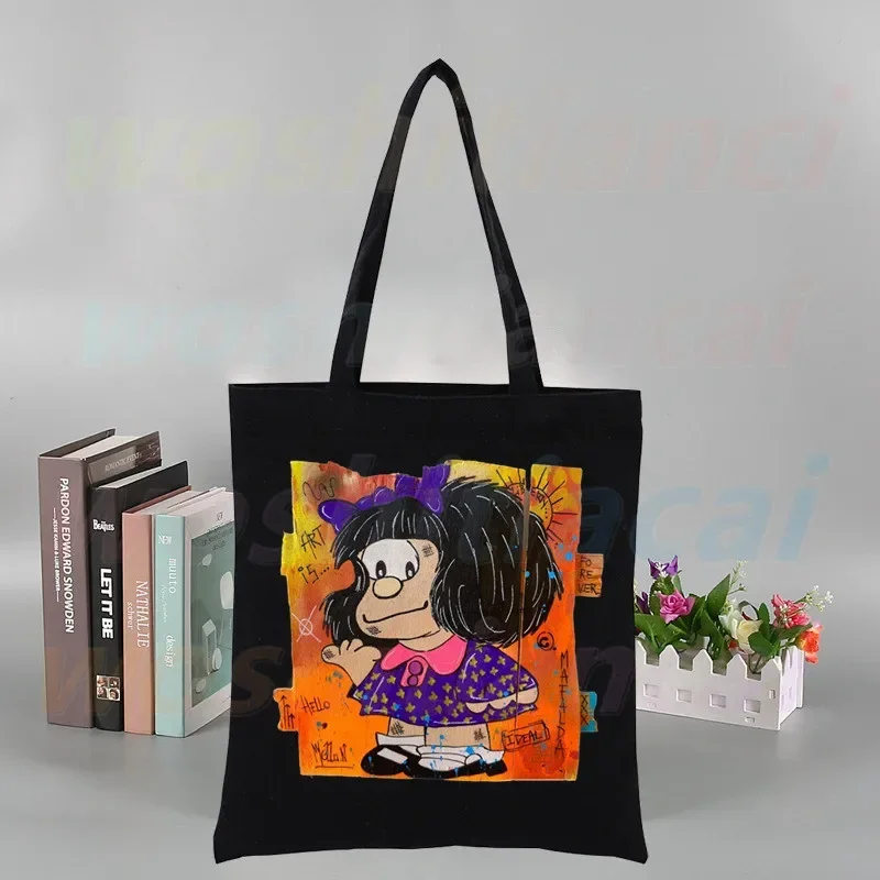 Borse a tracolla moda casual di grande capacità nere coreane Ulzzang universitarie da donna in tela di cartone animato di Toda Mafalda Kawaii