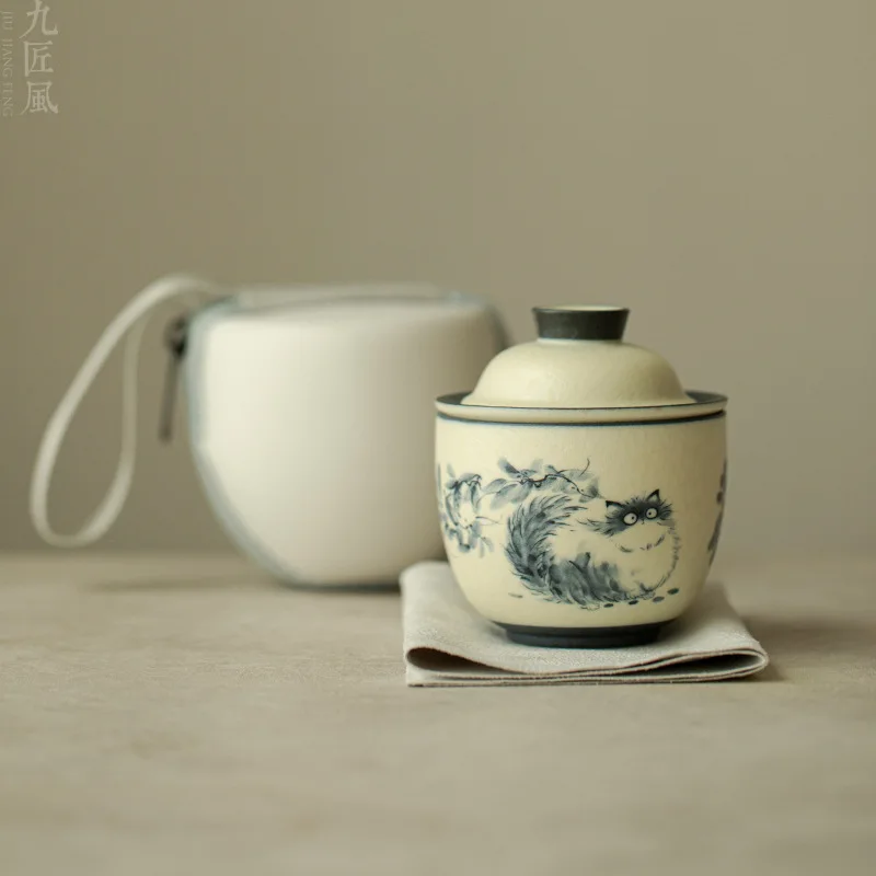 

Сине-белый дорожный чайный сервиз, чашка для питья кошек на один человек, портативный уличный чайный сервиз кунг-фу, керамический сувенир