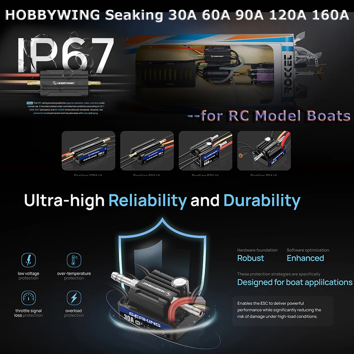 

HOBBYWING Seaking V4 30A 60A 90A 120A 160A Sensorless Brushless ESC RC Boat ESC IP67 Waterpoof Speed Controller For RC Boats