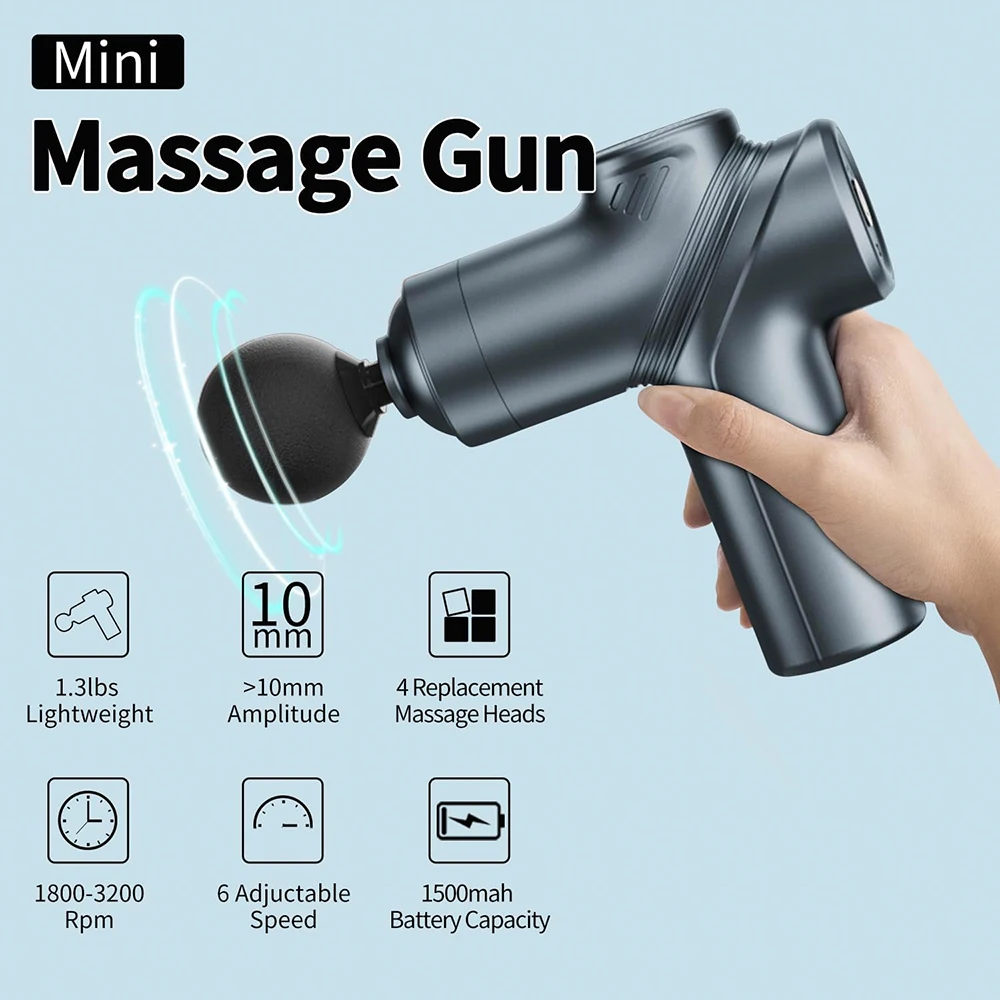 Deep Tissue Mini Massage Gun Muscle Percussion Massager for Athletes 4 Massages Head and 6 Speeds Grey