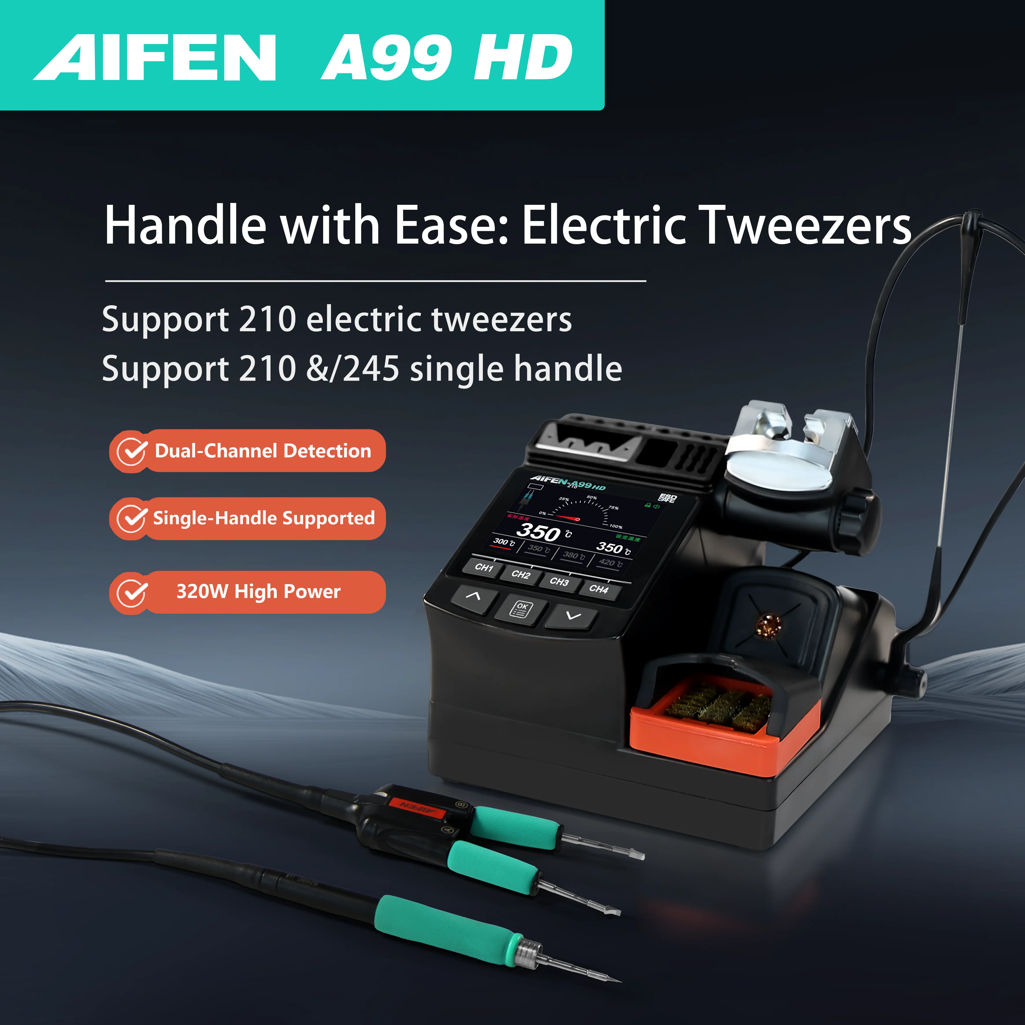 AIFEN-A99HD精密ピンセットはんだ付けステーション ダブルヘッドクリップ式はんだごて 210/245ハンドル はんだ付けリワークステーション