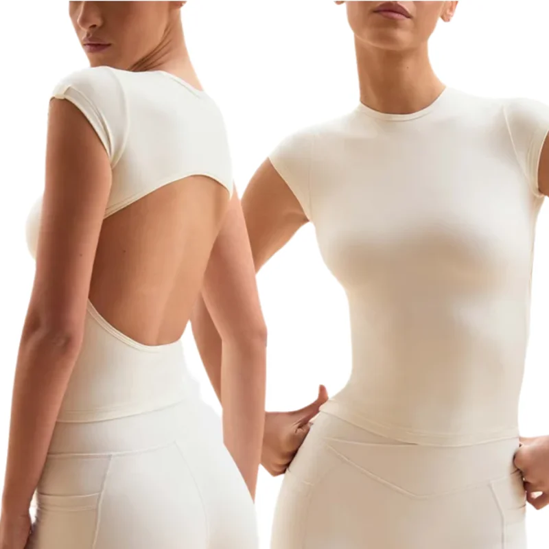 Women Hollow Out Open Back Yoga Short Sleeve Top Small Flying Sleeve Cropped Workout Gym Set Breathable Activewear